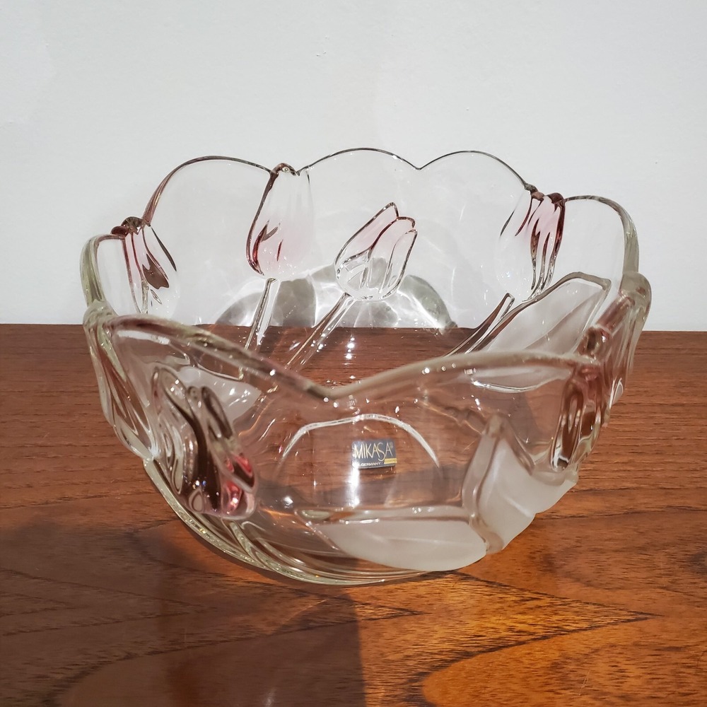Vintage Mikasa Crystal "Tulips Satin" 8" Serving Bowl - Frosted Pink Floral
